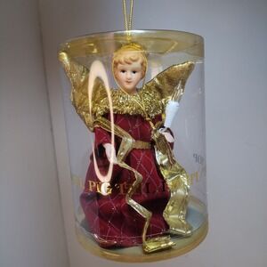 Porcelain 5" Angel Figurine Christmas‎ Tree Topper Pigtail Light Red Gold Wings